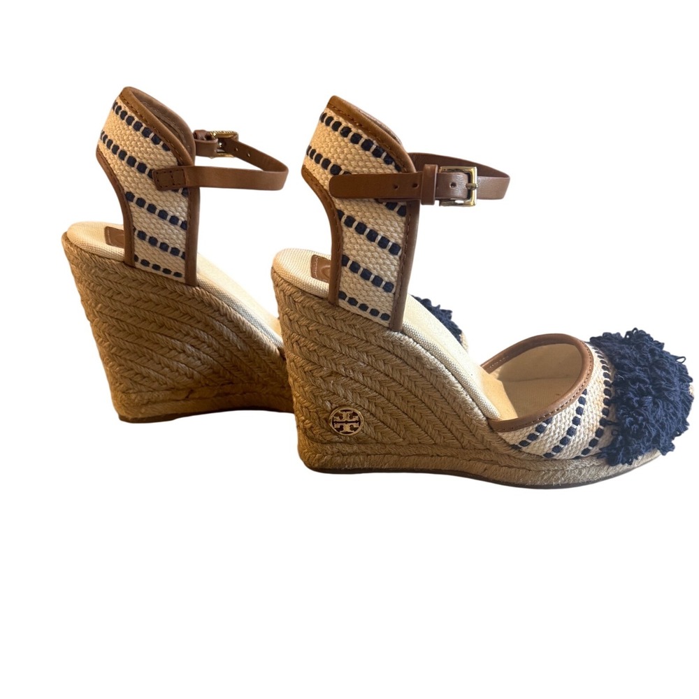 Tory Burch Brown and Navy Woven Espadrille Wedge Sandals